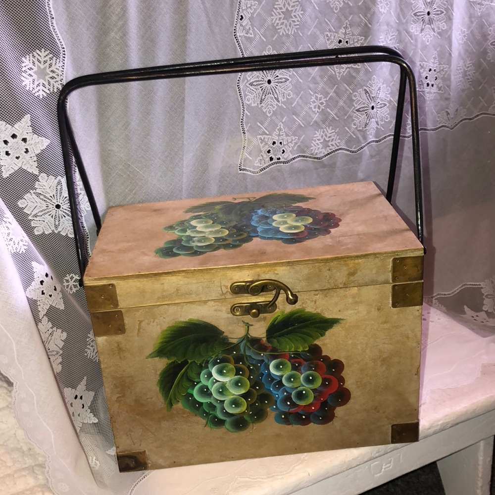 Hand painted wood box with metal handles